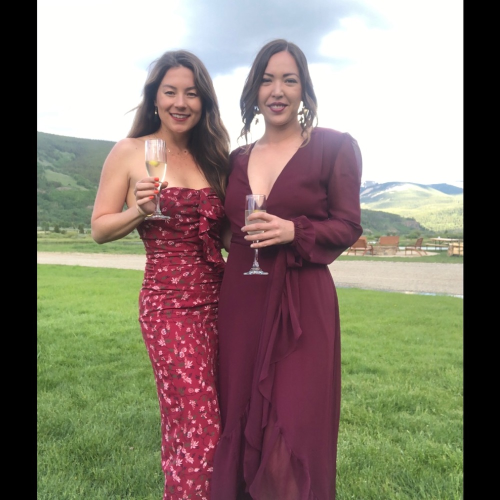 Red Floral Strapless Dress by Likely